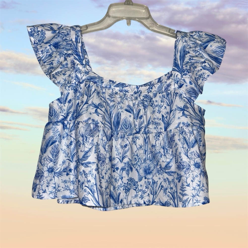 SHEIN Blue and White Floral Square Neck Ruffle Sleeveless Top size S